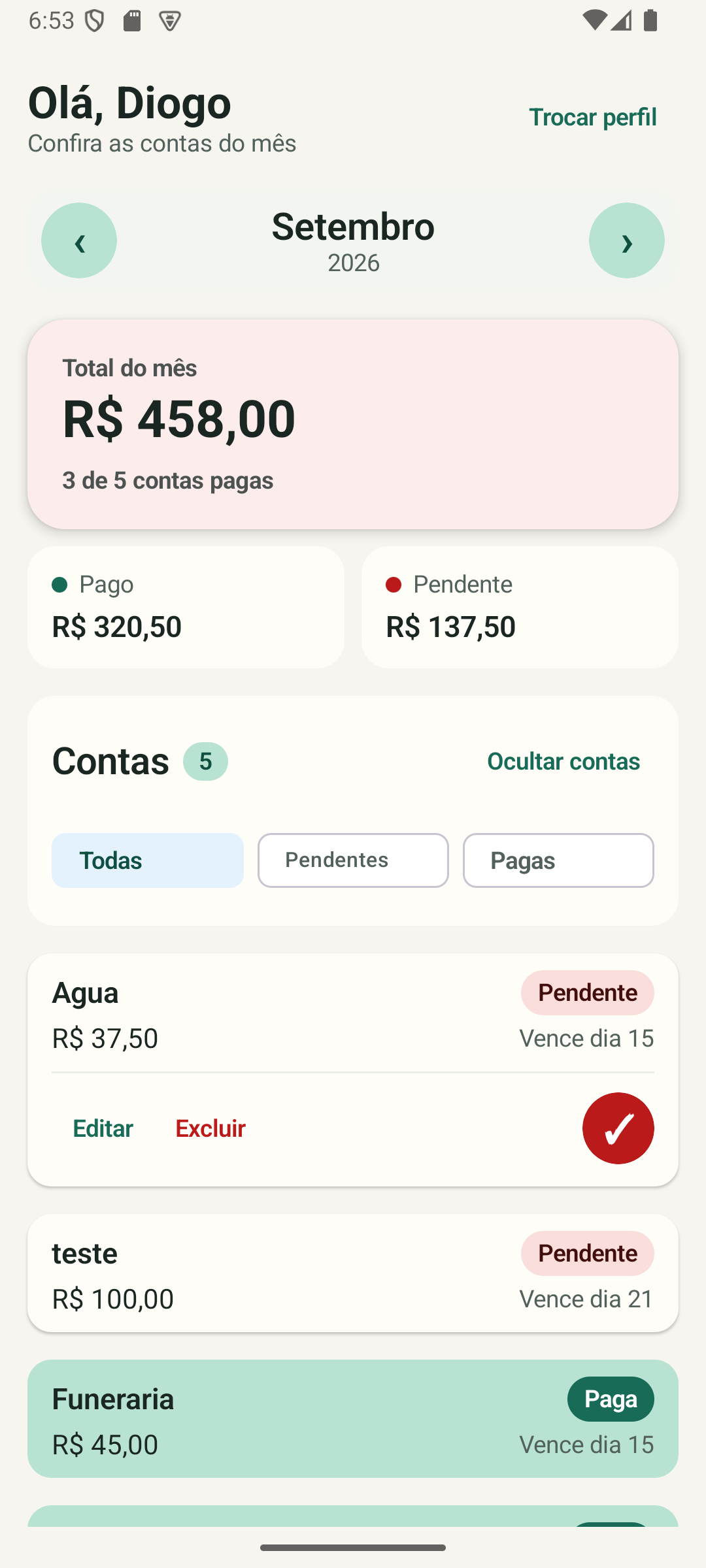 Tela de resumo mensal do aplicativo Contas da Casa
