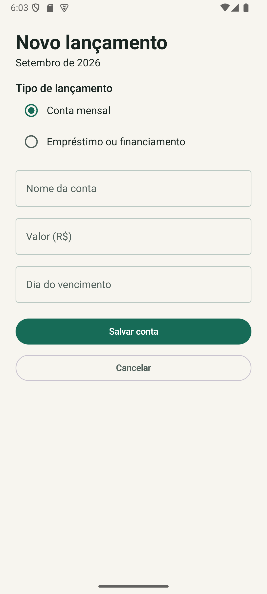 Tela de cadastro de lançamento