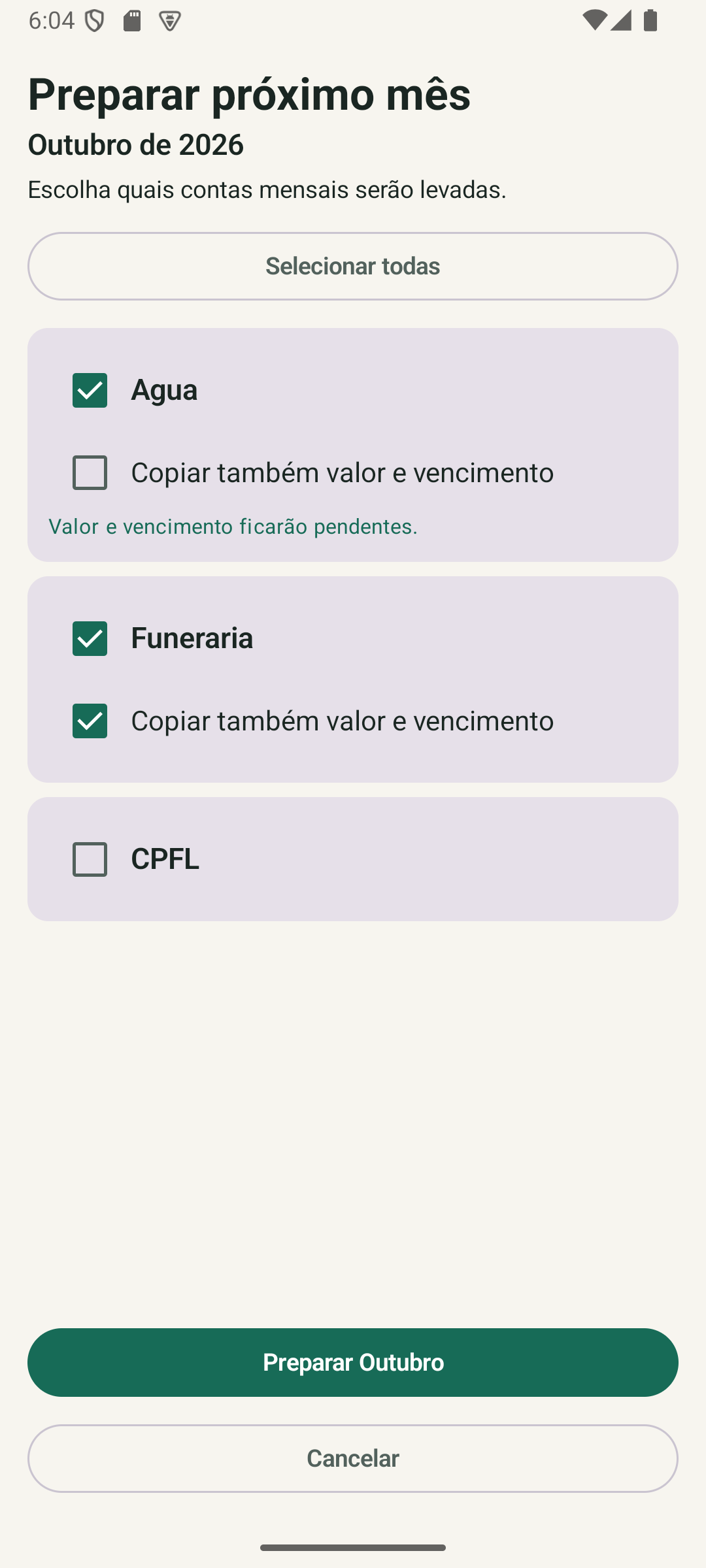 Tela de preparação do próximo mês